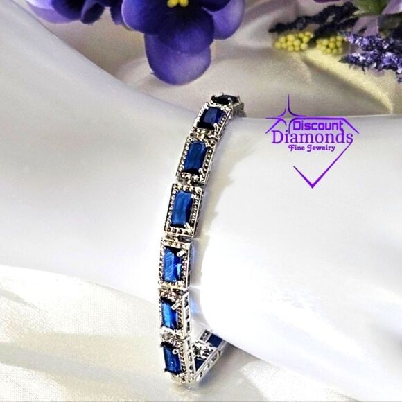 Blue Rectangular 5 mm Princess Cut Topaz Tennis Bracelet on 925 Silver - Picture 3 of 10